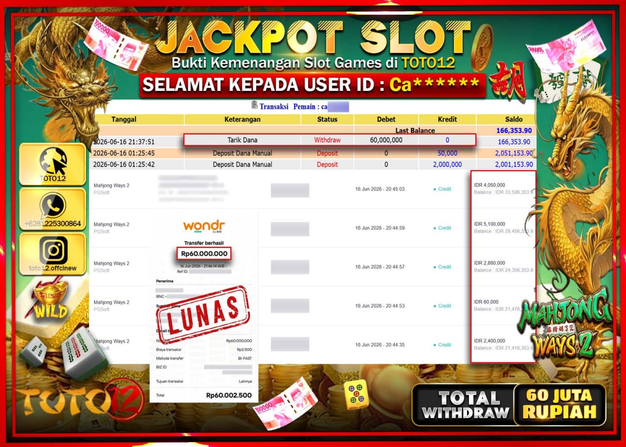 HANYA DI TOTO12 JP PASTI DI BAYAR LUNAS DAN CEPAT!!!!!! JACKPOT SLOT GAME (MAHJONG WAYS 2) Rp60.000.000!!!!