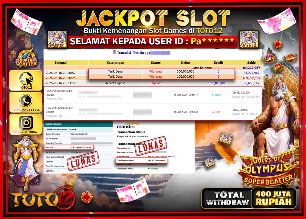 HANYA DI TOTO12 JP PASTI DI BAYAR LUNAS DAN CEPAT!!!!!! JACKPOT SLOT GAME (GATES OF OLYMPUS SUPER SCATTER) Rp400.000.000!!!!