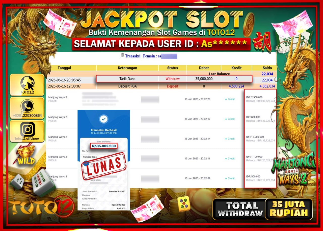 HANYA DI TOTO12 JP PASTI DI BAYAR LUNAS DAN CEPAT!!!!!! JACKPOT SLOT GAME (MAHJONG WAYS 2) Rp35.000.000!!!!