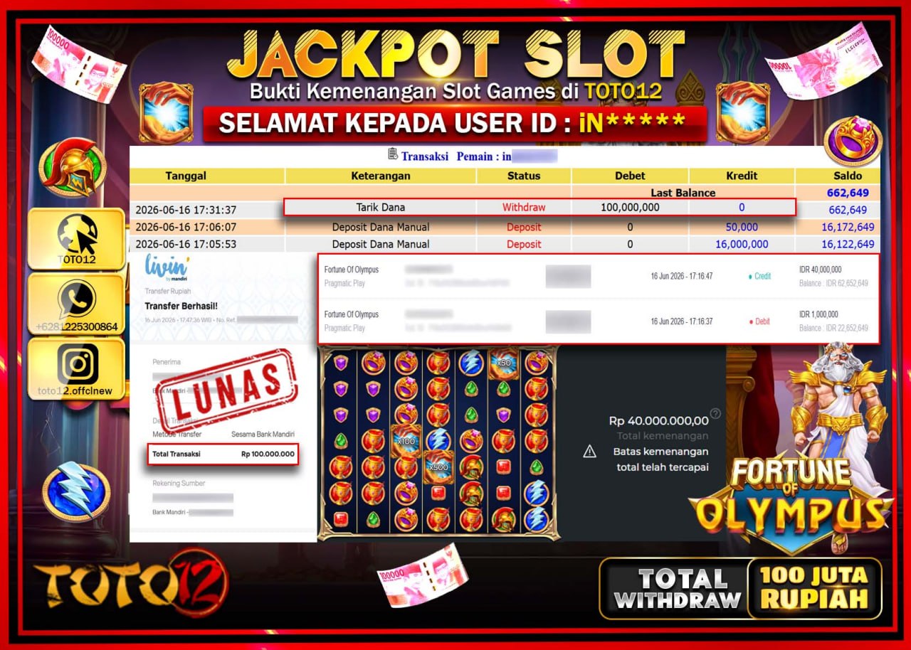 HANYA DI TOTO12 JP PASTI DI BAYAR LUNAS DAN CEPAT!!!!!! JACKPOT SLOT GAME (FORTUNE OF OLYMPUS) Rp100.000.000!!!!
