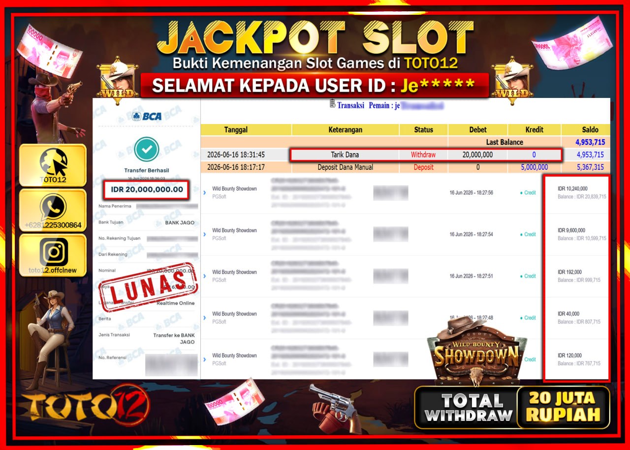 HANYA DI TOTO12 JP PASTI DI BAYAR LUNAS DAN CEPAT!!!!!! JACKPOT SLOT GAME (WILD BOUNTY SHOWDOWN) Rp20.000.000!!!!