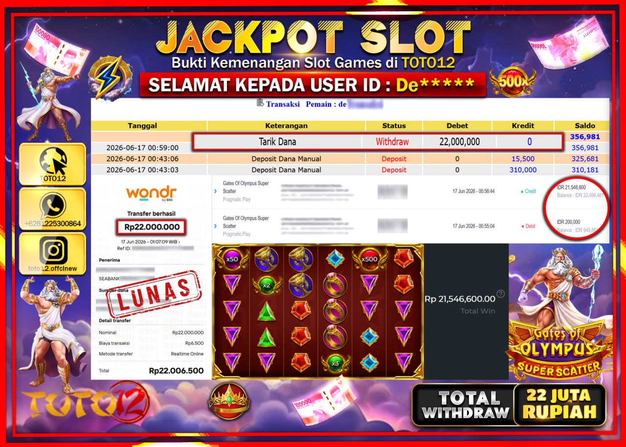 HANYA DI TOTO12 JP PASTI DI BAYAR LUNAS DAN CEPAT!!!!!! JACKPOT SLOT GAME (GATES OF OLYMPUS SUPER SCATTER) Rp22.000.000!!!!