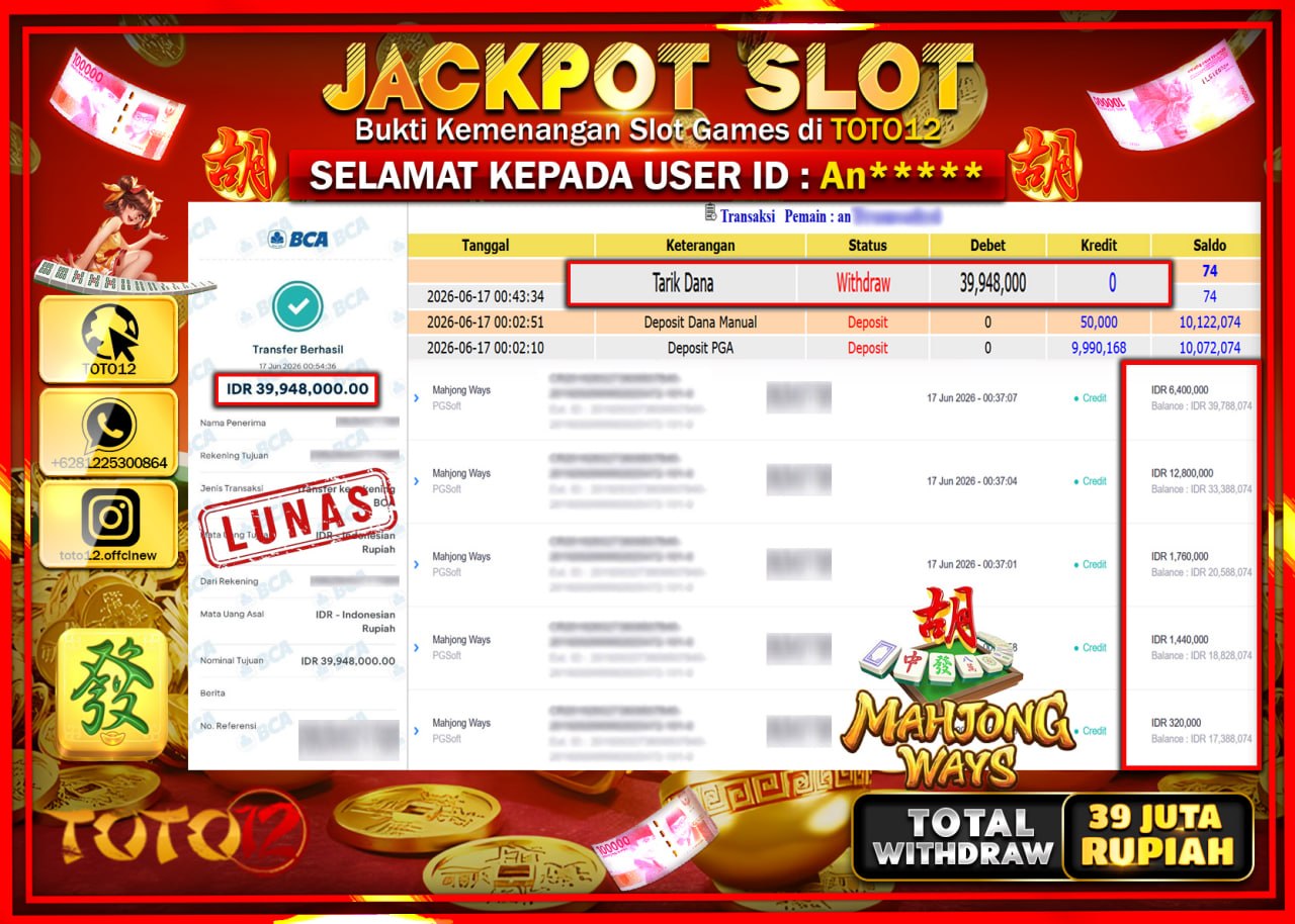 HANYA DI TOTO12 JP PASTI DI BAYAR LUNAS DAN CEPAT!!!!!! JACKPOT SLOT GAME (MAHJONG WAYS) Rp39.948.000!!!!