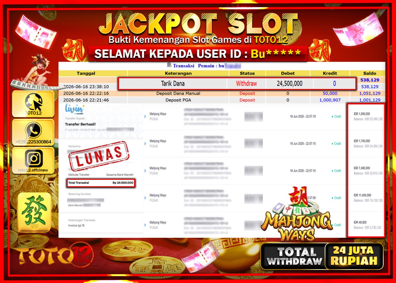 HANYA DI TOTO12 JP PASTI DI BAYAR LUNAS DAN CEPAT!!!!!! JACKPOT SLOT GAME (MAHJONG WAYS) Rp24.500.000!!!!