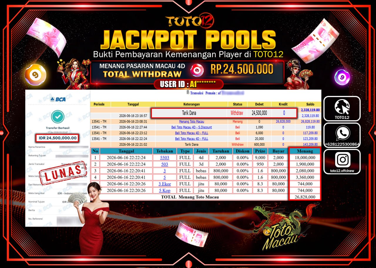 HANYA DI TOTO12 JP PASTI DI BAYAR LUNAS DAN CEPAT!!!!!! JACKPOT POOLS PASARAN (MACAU 4D) Rp24.500.000!!!!