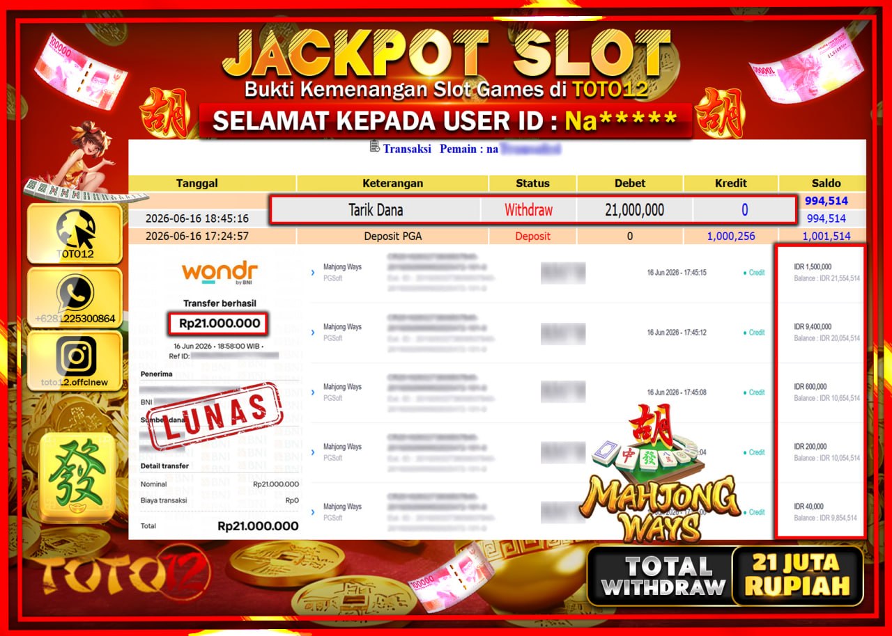 HANYA DI TOTO12 JP PASTI DI BAYAR LUNAS DAN CEPAT!!!!!! JACKPOT SLOT GAME (MAHJONG WAYS) Rp21.000.000!!!!