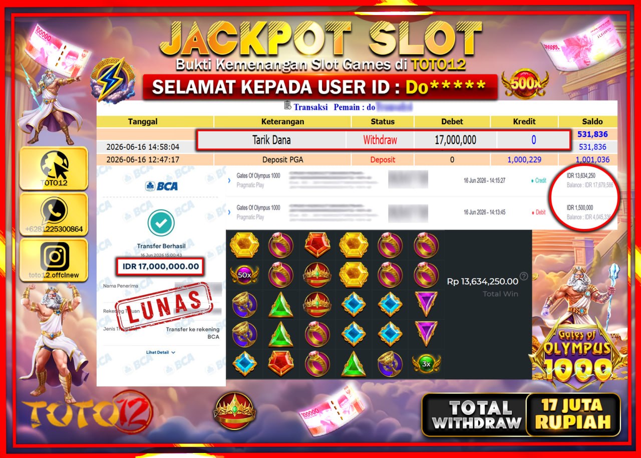HANYA DI TOTO12 JP PASTI DI BAYAR LUNAS DAN CEPAT!!!!!! JACKPOT SLOT GAME (GATES OF OLYMPUS 1000) Rp17.000.000!!!!