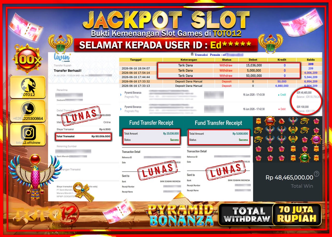 HANYA DI TOTO12 JP PASTI DI BAYAR LUNAS DAN CEPAT!!!!!! JACKPOT SLOT GAME (PYRAMID BONANZA) Rp70.036.000!!!!