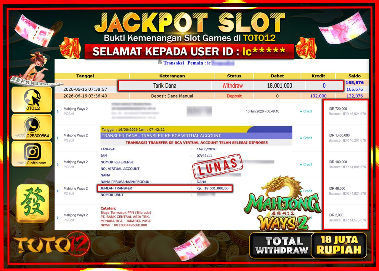 HANYA DI TOTO12 JP PASTI DI BAYAR LUNAS DAN CEPAT!!!!!! JACKPOT SLOT GAME (MAHJONG WAYS 2) Rp18.001.000!!!!