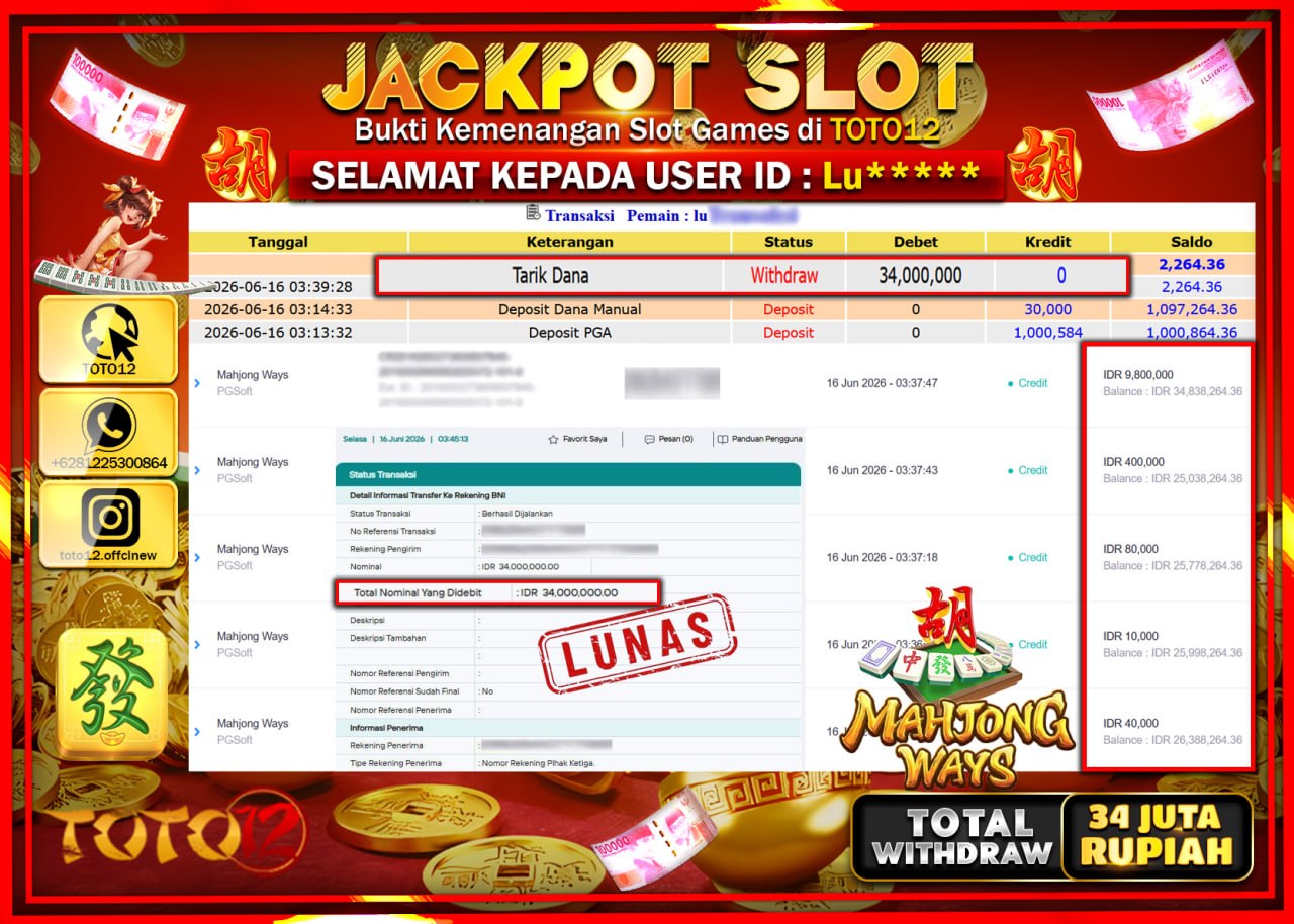HANYA DI TOTO12 JP PASTI DI BAYAR LUNAS DAN CEPAT!!!!!! JACKPOT SLOT GAME (MAHJONG WAYS) Rp34.000.000!!!!