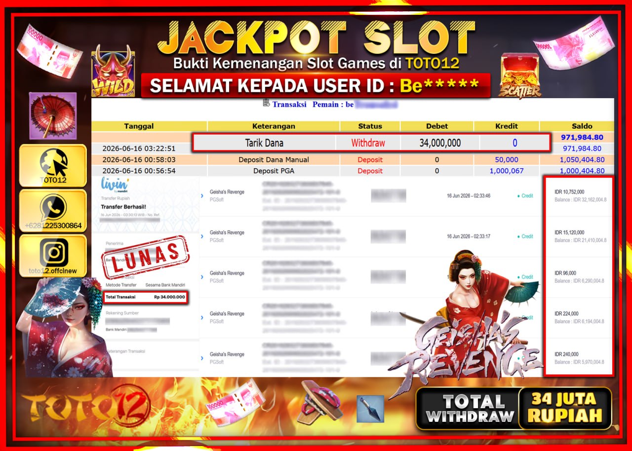 HANYA DI TOTO12 JP PASTI DI BAYAR LUNAS DAN CEPAT!!!!!! JACKPOT SLOT GAME (GEISHAS REVENGE) Rp34.000.000!!!!