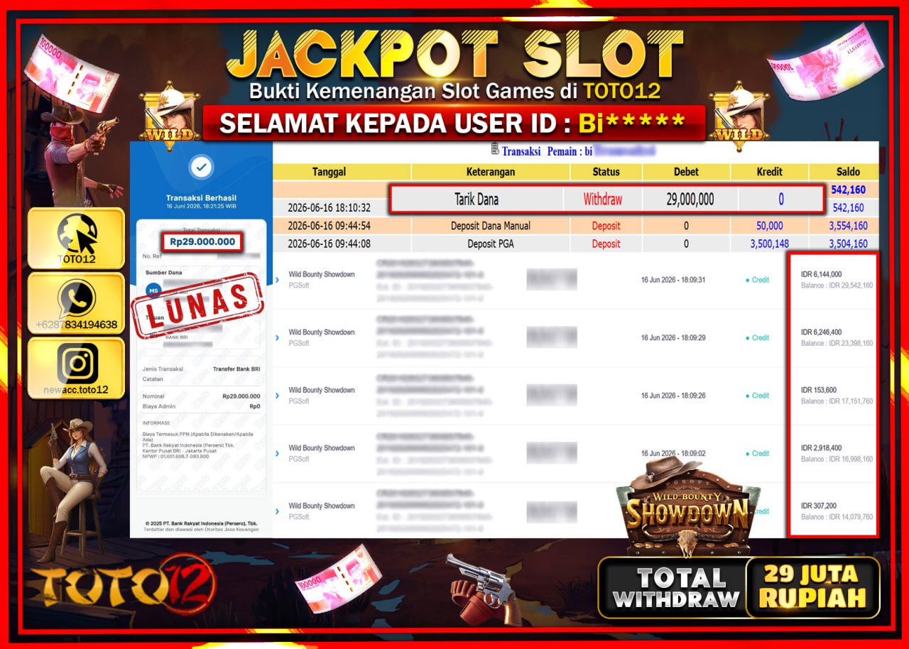 HANYA DI TOTO12 JP PASTI DI BAYAR LUNAS DAN CEPAT!!!!!! JACKPOT SLOT GAME (WILD BOUNTY SHOWDOWN) Rp29.000.000!!!!