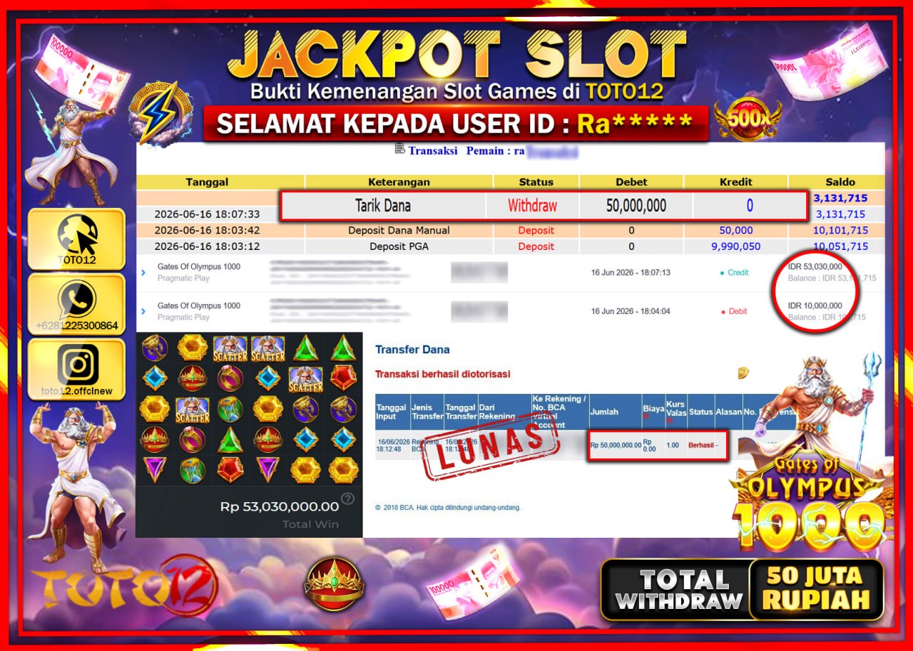 HANYA DI TOTO12 JP PASTI DI BAYAR LUNAS DAN CEPAT!!!!!! JACKPOT SLOT GAME (GATES OF OLYMPUS 1000) Rp50.000.000!!!!