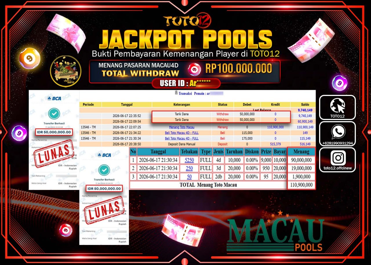HANYA DI TOTO12 JP PASTI DI BAYAR LUNAS DAN CEPAT!!!!!! JACKPOT POOLS PASARAN (MACAU 4D) Rp100.000.000!!!!