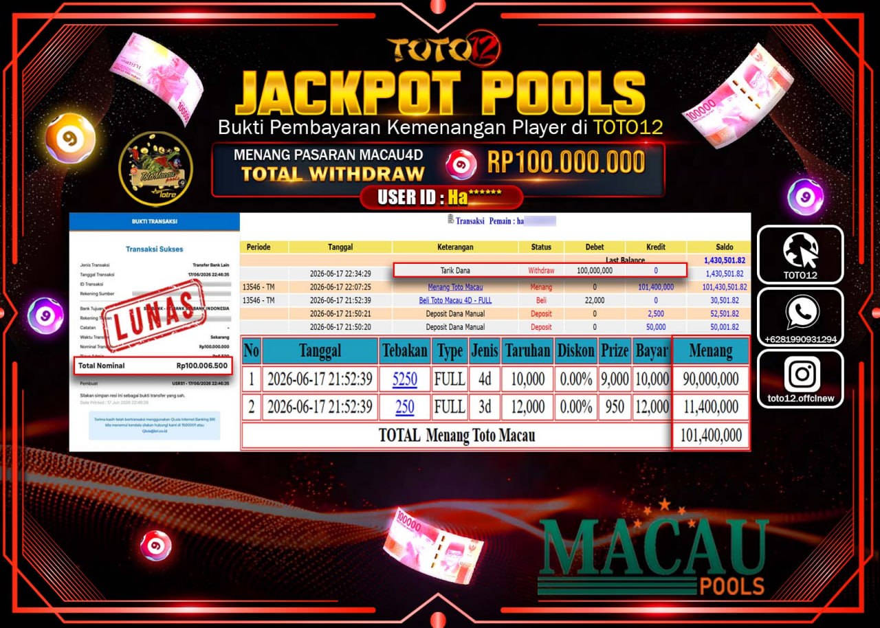 HANYA DI TOTO12 JP PASTI DI BAYAR LUNAS DAN CEPAT!!!!!! JACKPOT POOLS PASARAN (MACAU 4D) Rp100.000.000!!!!