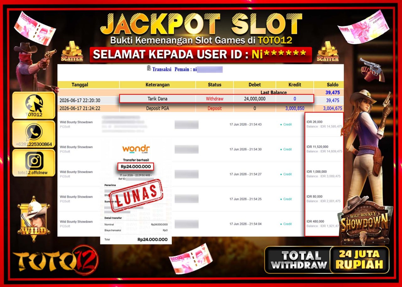 HANYA DI TOTO12 JP PASTI DI BAYAR LUNAS DAN CEPAT!!!!!! JACKPOT SLOT GAME (WILD BOUNTY SHOWDOWN) Rp24.000.000!!!!