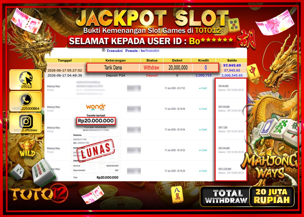 HANYA DI TOTO12 JP PASTI DI BAYAR LUNAS DAN CEPAT!!!!!! JACKPOT SLOT GAME (MAHJONG WAYS) Rp20.000.000!!!!