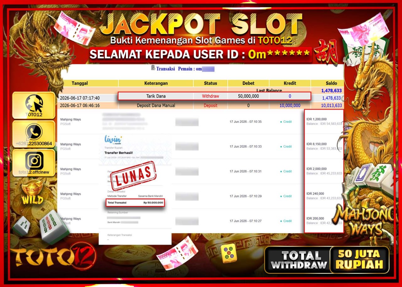 HANYA DI TOTO12 JP PASTI DI BAYAR LUNAS DAN CEPAT!!!!!! JACKPOT SLOT GAME (MAHJONG WAYS) Rp50.000.000!!!!