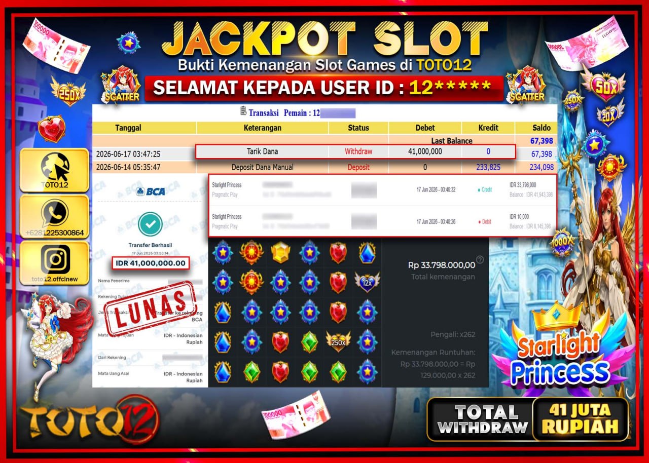 HANYA DI TOTO12 JP PASTI DI BAYAR LUNAS DAN CEPAT!!!!!! JACKPOT SLOT GAME (STARLIGHT PRINCESS) Rp41.000.000!!!!