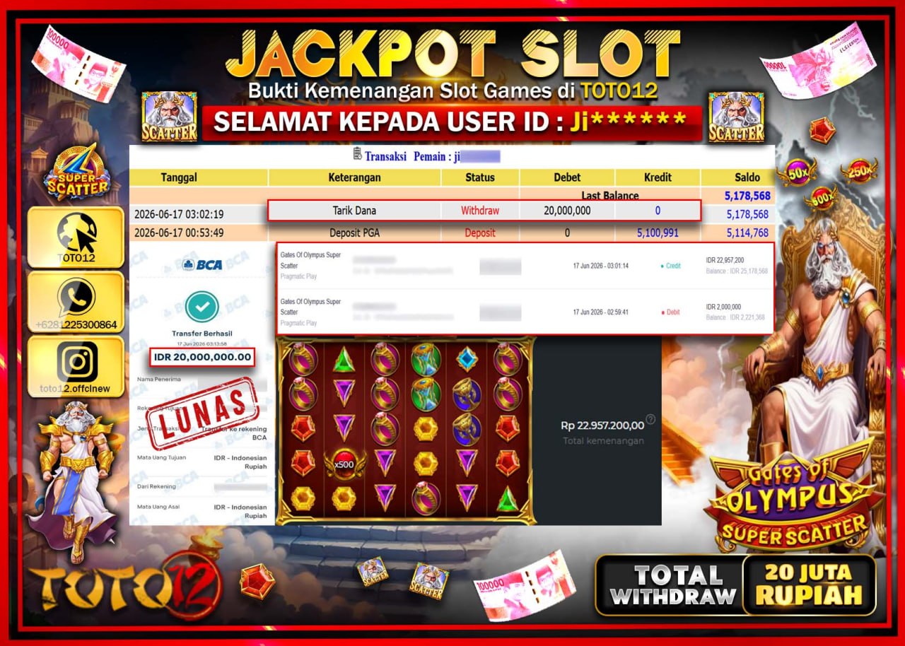 HANYA DI TOTO12 JP PASTI DI BAYAR LUNAS DAN CEPAT!!!!!! JACKPOT SLOT GAME (GATES OF OLYMPUS SUPER SCATTER) Rp20.000.000!!!!