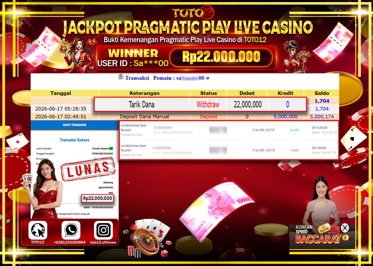HANYA DI TOTO12 JP PASTI DI BAYAR LUNAS DAN CEPAT!!!!!! JACKPOT PRAGMATIC PLAY LIVE GAME CASINO (LIVE MANIA KOREAN SPEED BACCARAT 2) Rp22.000.000!!!!