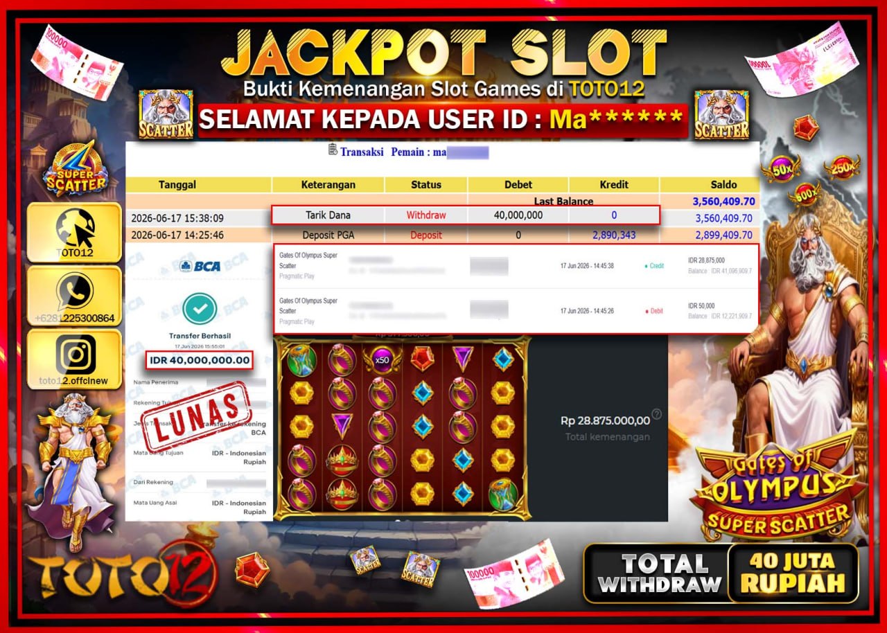 HANYA DI TOTO12 JP PASTI DI BAYAR LUNAS DAN CEPAT!!!!!! JACKPOT SLOT GAME (GATES OF OLYMPUS SUPER SCATTER) Rp40.000.000!!!!