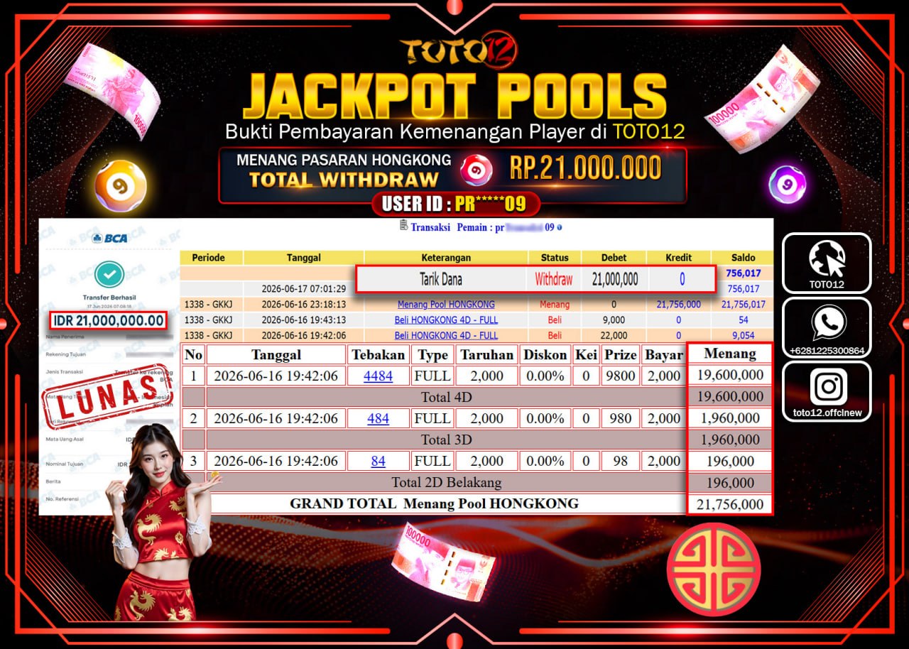 HANYA DI TOTO12 JP PASTI DI BAYAR LUNAS DAN CEPAT!!!!!! JACKPOT POOLS PASARAN (HONGKONG) Rp21.000.000!!!!