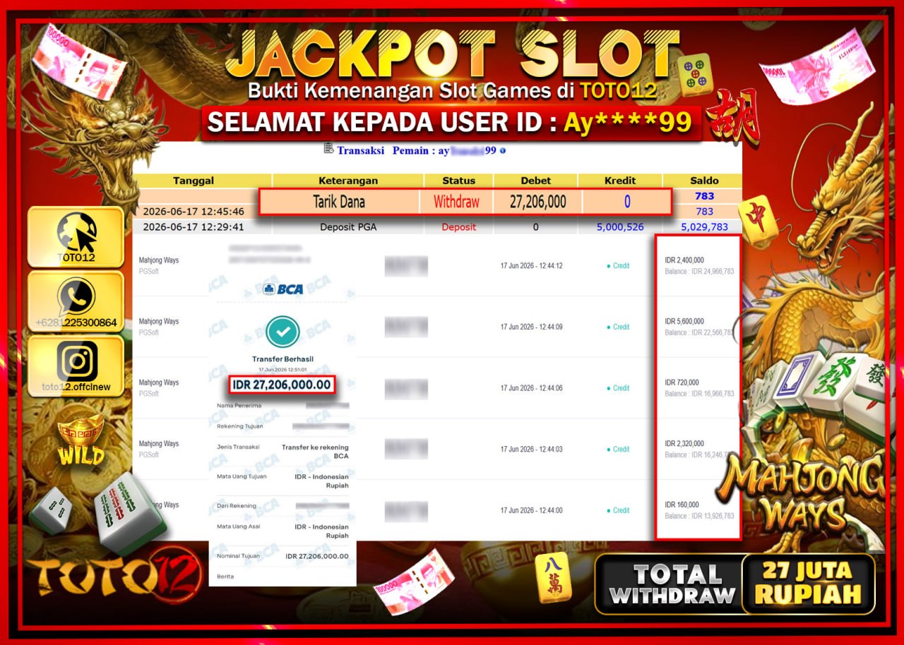 HANYA DI TOTO12 JP PASTI DI BAYAR LUNAS DAN CEPAT!!!!!! JACKPOT SLOT GAME (MAHJONG WAYS) Rp27.206.000!!!!