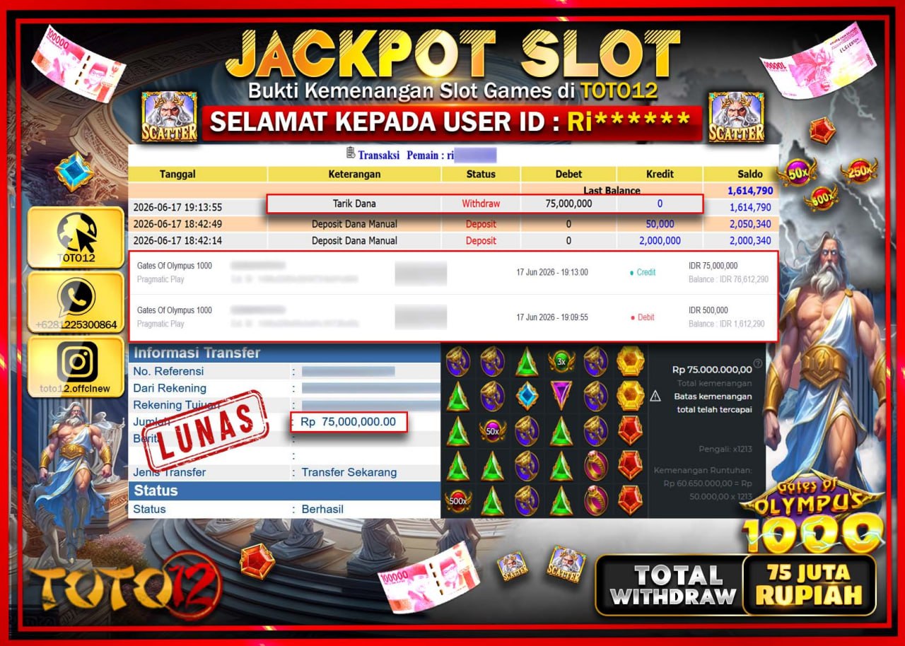 HANYA DI TOTO12 JP PASTI DI BAYAR LUNAS DAN CEPAT!!!!!! JACKPOT SLOT GAME (GATES OF OLYMPUS 1000) Rp75.000.000!!!!