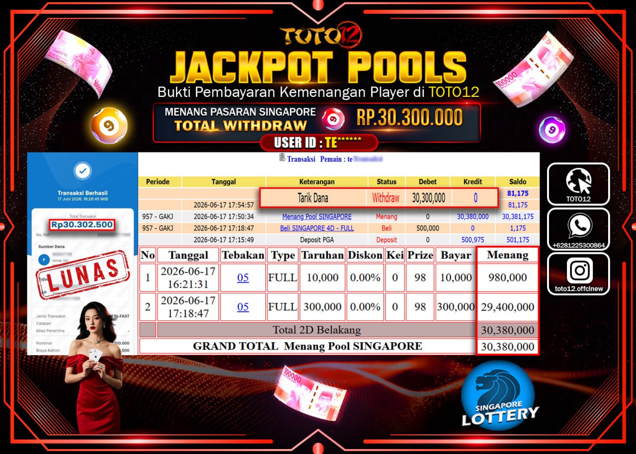 HANYA DI TOTO12 JP PASTI DI BAYAR LUNAS DAN CEPAT!!!!!! JACKPOT POOLS PASARAN (SINGAPORE) Rp30.300.000!!!!