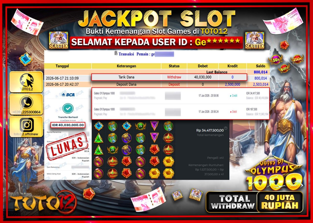 HANYA DI TOTO12 JP PASTI DI BAYAR LUNAS DAN CEPAT!!!!!! JACKPOT SLOT GAME (GATES OF OLYMPUS 1000) Rp40.030.000!!!!