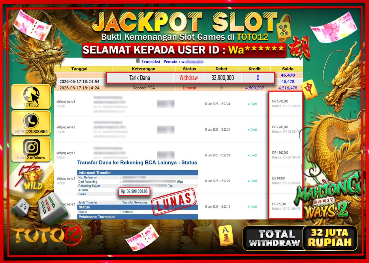 HANYA DI TOTO12 JP PASTI DI BAYAR LUNAS DAN CEPAT!!!!!! JACKPOT SLOT GAME (MAHJONG WAYS 2) Rp32.900.000!!!!