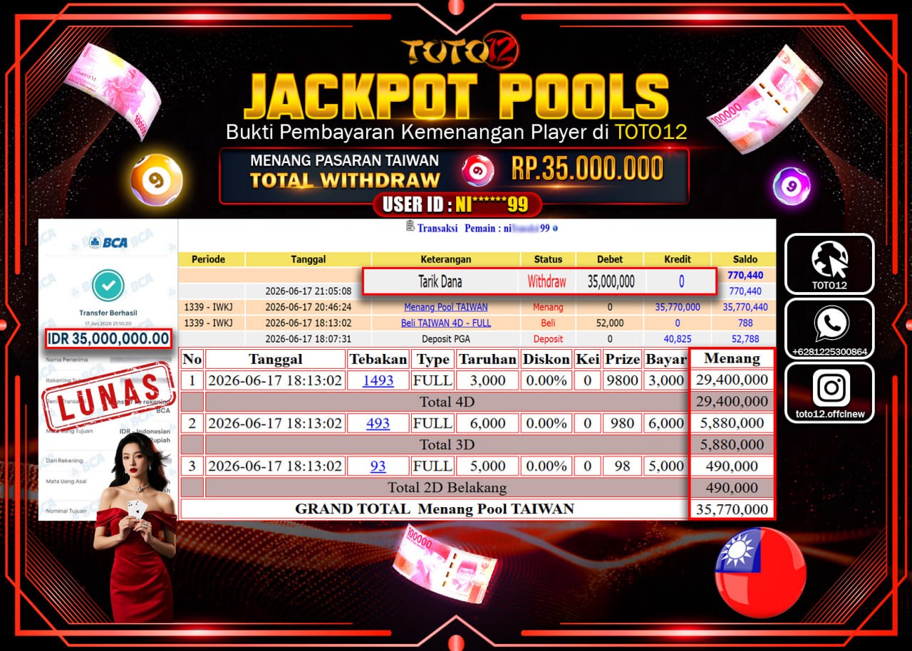 HANYA DI TOTO12 JP PASTI DI BAYAR LUNAS DAN CEPAT!!!!!! JACKPOT POOLS PASARAN (TAIWAN) Rp35.000.000!!!!