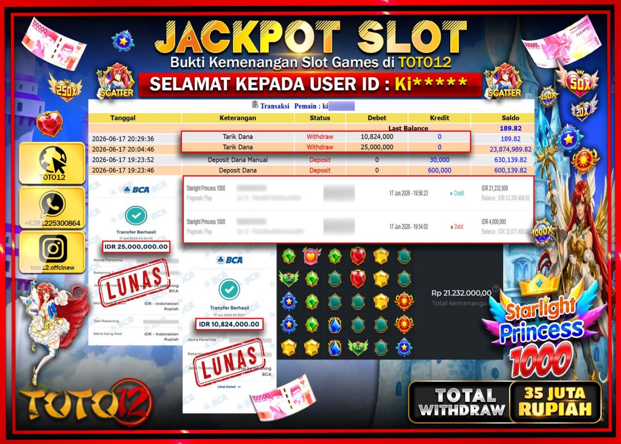 HANYA DI TOTO12 JP PASTI DI BAYAR LUNAS DAN CEPAT!!!!!! JACKPOT SLOT GAME (STARLIGHT PRINCESS 1000) Rp35.824.000!!!!