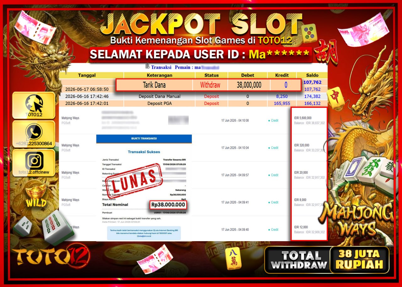 HANYA DI TOTO12 JP PASTI DI BAYAR LUNAS DAN CEPAT!!!!!! JACKPOT SLOT GAME (MAHJONG WAYS) Rp38.000.000!!!!