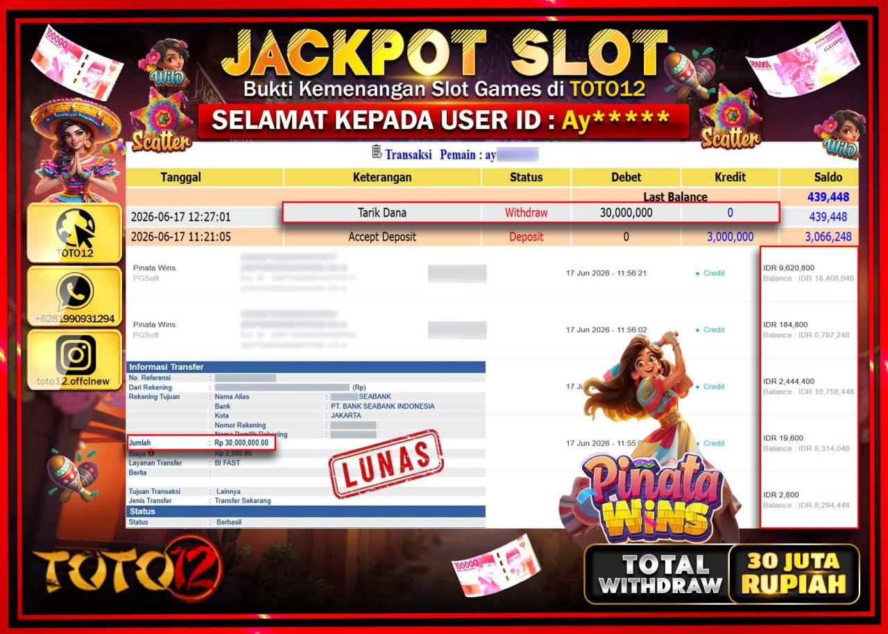 HANYA DI TOTO12 JP PASTI DI BAYAR LUNAS DAN CEPAT!!!!!! JACKPOT SLOT GAME (PINATA WINS) Rp30.000.000!!!!