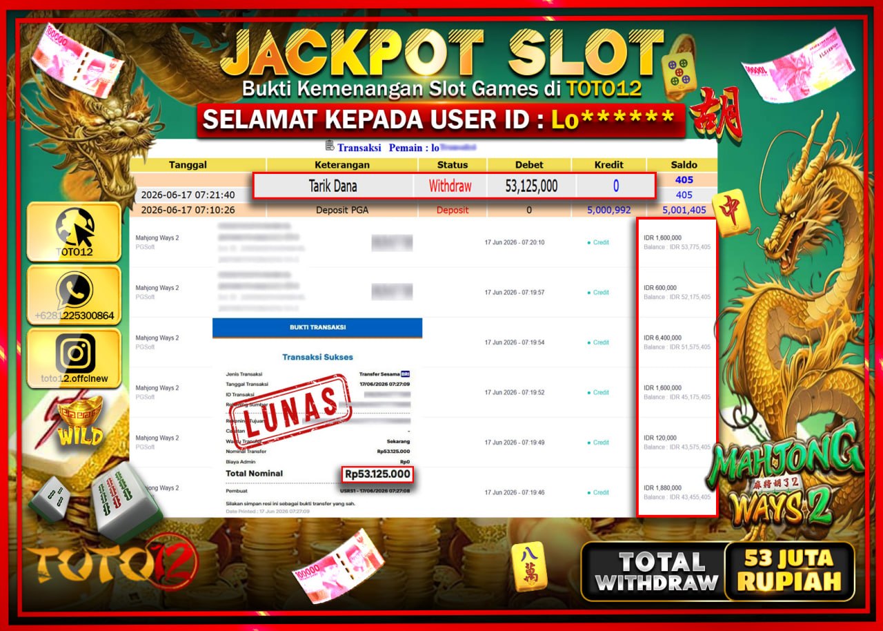 HANYA DI TOTO12 JP PASTI DI BAYAR LUNAS DAN CEPAT!!!!!! JACKPOT SLOT GAME (MAHJONG WAYS 2) Rp53.125.000!!!!