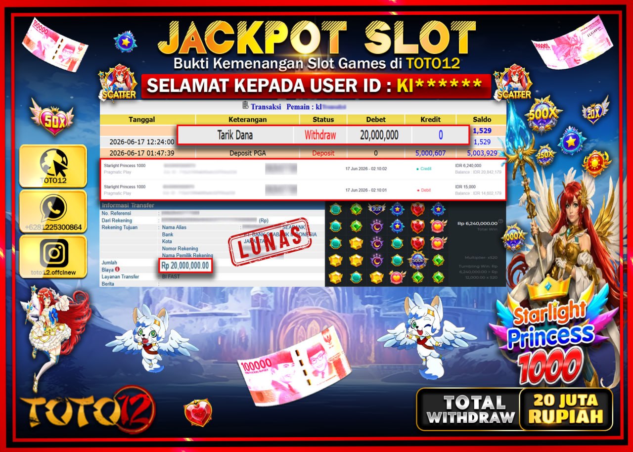 HANYA DI TOTO12 JP PASTI DI BAYAR LUNAS DAN CEPAT!!!!!! JACKPOT SLOT GAME (STARLIGHT PRICESS 1000) Rp20.000.000!!!!