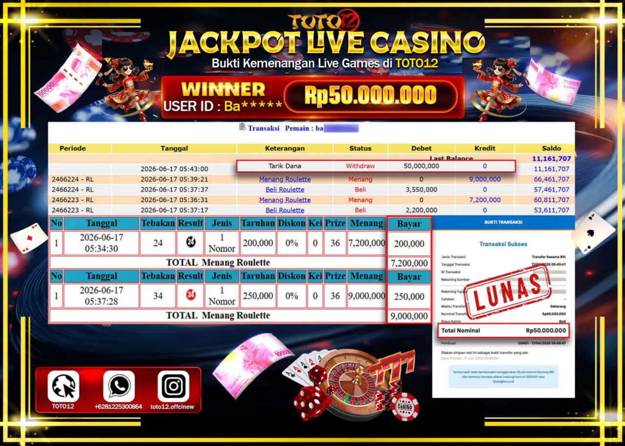HANYA DI TOTO12 JP PASTI DI BAYAR LUNAS DAN CEPAT!!!!!! JACKPOT  LIVE GAME CASINO (ROULETTE) Rp50.000.000!!!!