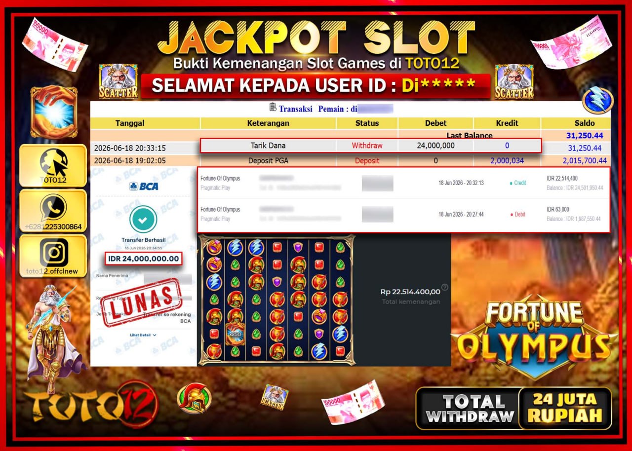 HANYA DI TOTO12 JP PASTI DI BAYAR LUNAS DAN CEPAT!!!!!! JACKPOT SLOT GAME (FORTUNE OF OLYMPUS) Rp24.000.000!!!!