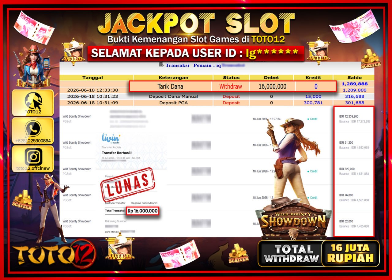 HANYA DI TOTO12 JP PASTI DI BAYAR LUNAS DAN CEPAT!!!!!! JACKPOT SLOT GAME (WILD BOUNTY SHOWDOWN) Rp16.000.000!!!!