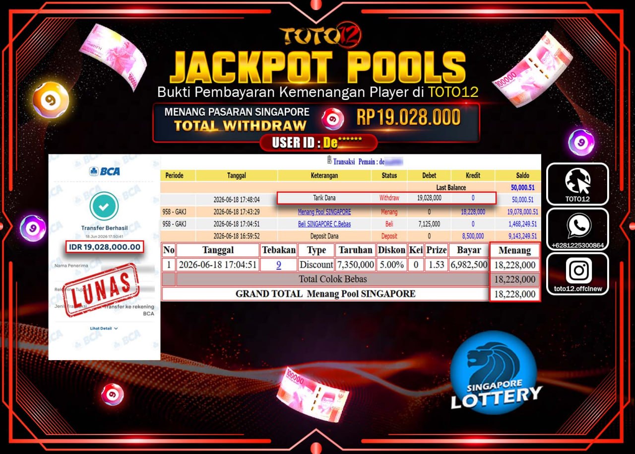 HANYA DI TOTO12 JP PASTI DI BAYAR LUNAS DAN CEPAT!!!!!! JACKPOT POOLS PASARAN (SINGAPORE) Rp19.028.000!!!!