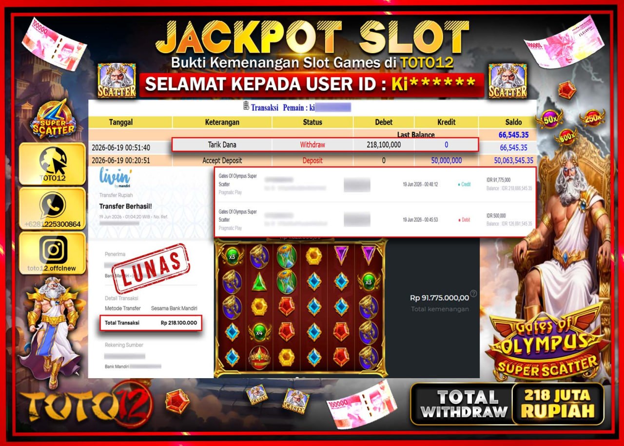 HANYA DI TOTO12 JP PASTI DI BAYAR LUNAS DAN CEPAT!!!!!! JACKPOT SLOT GAME (GATES OF OLYMPUS SUPER SCATTER) Rp218.100.000!!!!