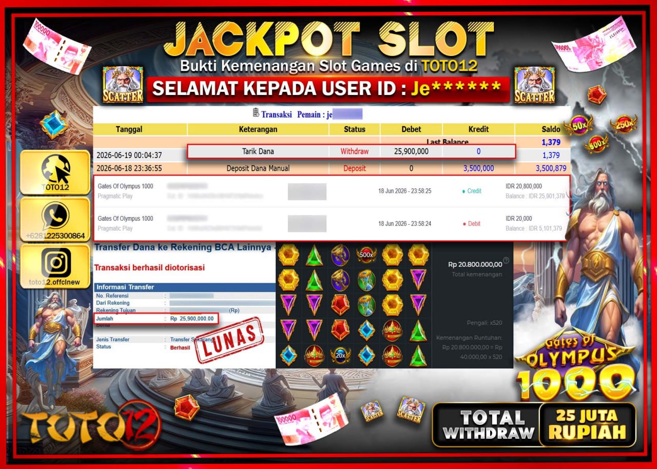 HANYA DI TOTO12 JP PASTI DI BAYAR LUNAS DAN CEPAT!!!!!! JACKPOT SLOT GAME (GATES OF OLYMPUS 1000) Rp25.900.000!!!!
