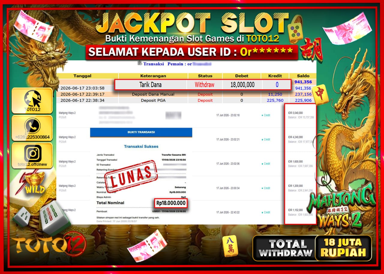 HANYA DI TOTO12 JP PASTI DI BAYAR LUNAS DAN CEPAT!!!!!! JACKPOT SLOT GAME (MAHJONG WAYS 2) Rp18.000.000!!!!