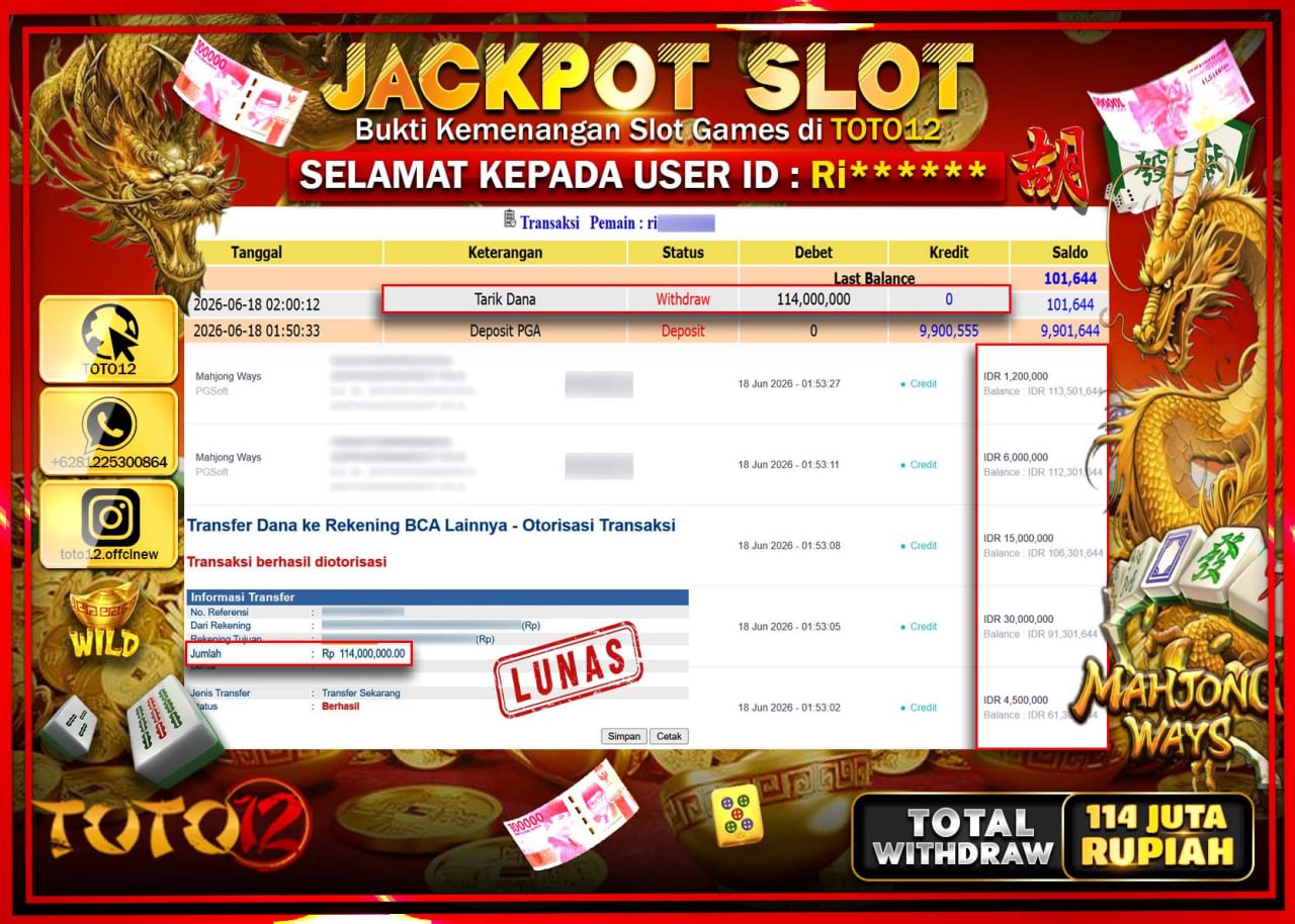 HANYA DI TOTO12 JP PASTI DI BAYAR LUNAS DAN CEPAT!!!!!! JACKPOT SLOT GAME (MAHJONG WAYS) Rp114.000.000!!!!