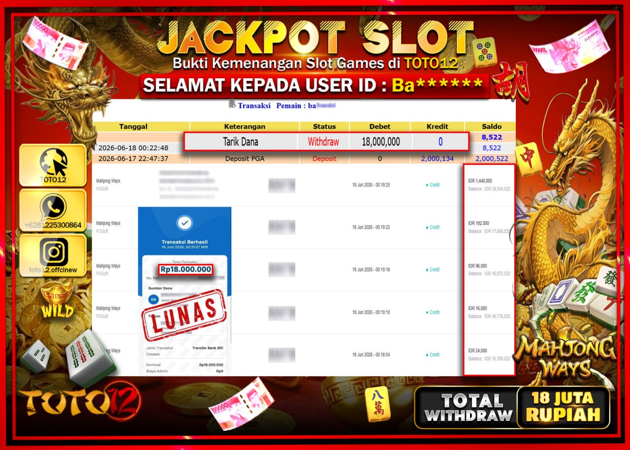 HANYA DI TOTO12 JP PASTI DI BAYAR LUNAS DAN CEPAT!!!!!! JACKPOT SLOT GAME (MAHJONG WAYS) Rp18.000.000!!!!