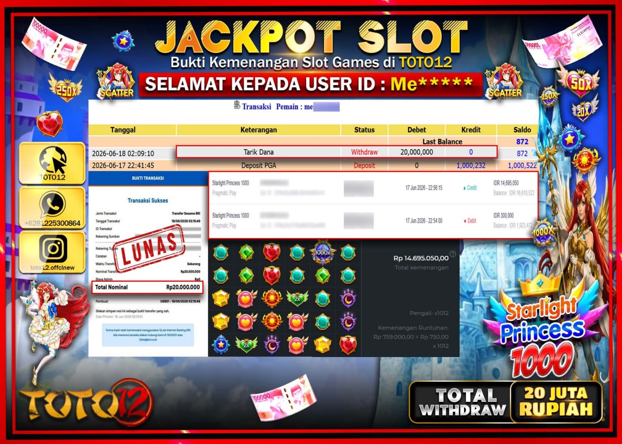HANYA DI TOTO12 JP PASTI DI BAYAR LUNAS DAN CEPAT!!!!!! JACKPOT SLOT GAME (STARLIGHT PRINCESS 1000) Rp20.000.000!!!!