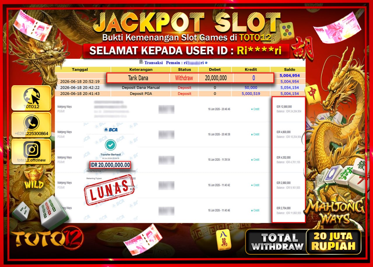 HANYA DI TOTO12 JP PASTI DI BAYAR LUNAS DAN CEPAT!!!!!! JACKPOT SLOT GAME (MAHJONG WAYS) Rp20.000.000!!!!