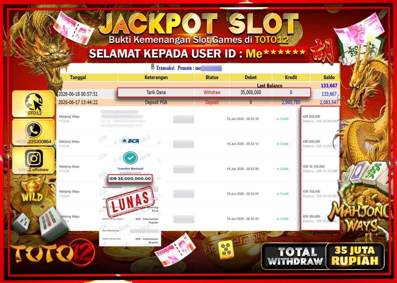 HANYA DI TOTO12 JP PASTI DI BAYAR LUNAS DAN CEPAT!!!!!! JACKPOT SLOT GAME (MAHJONG WAYS) Rp35.000.000!!!!